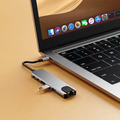 Hub USB-C Tech-Protect HB02, 1 x USB-A 3.0 - 1 x USB-A - 2 x USB-C - 1 x HDMI - 1 x RJ45, Grau