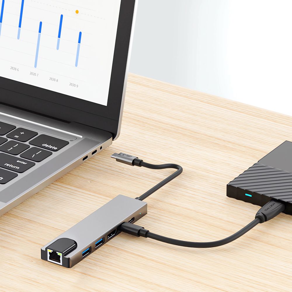 Hub USB-C Tech-Protect HB02, 1 x USB-A 3.0 - 1 x USB-A - 2 x USB-C - 1 x HDMI - 1 x RJ45, Grau