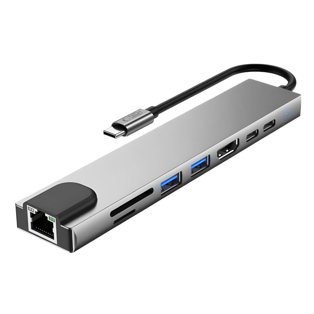 Hub USB-C Tech-Protect HB09, 2 x USB-A 3.0 - 2 x USB-C - 1 x HDMI - 1 x RJ45 - 1 x SD - 1 x microSD, Gris