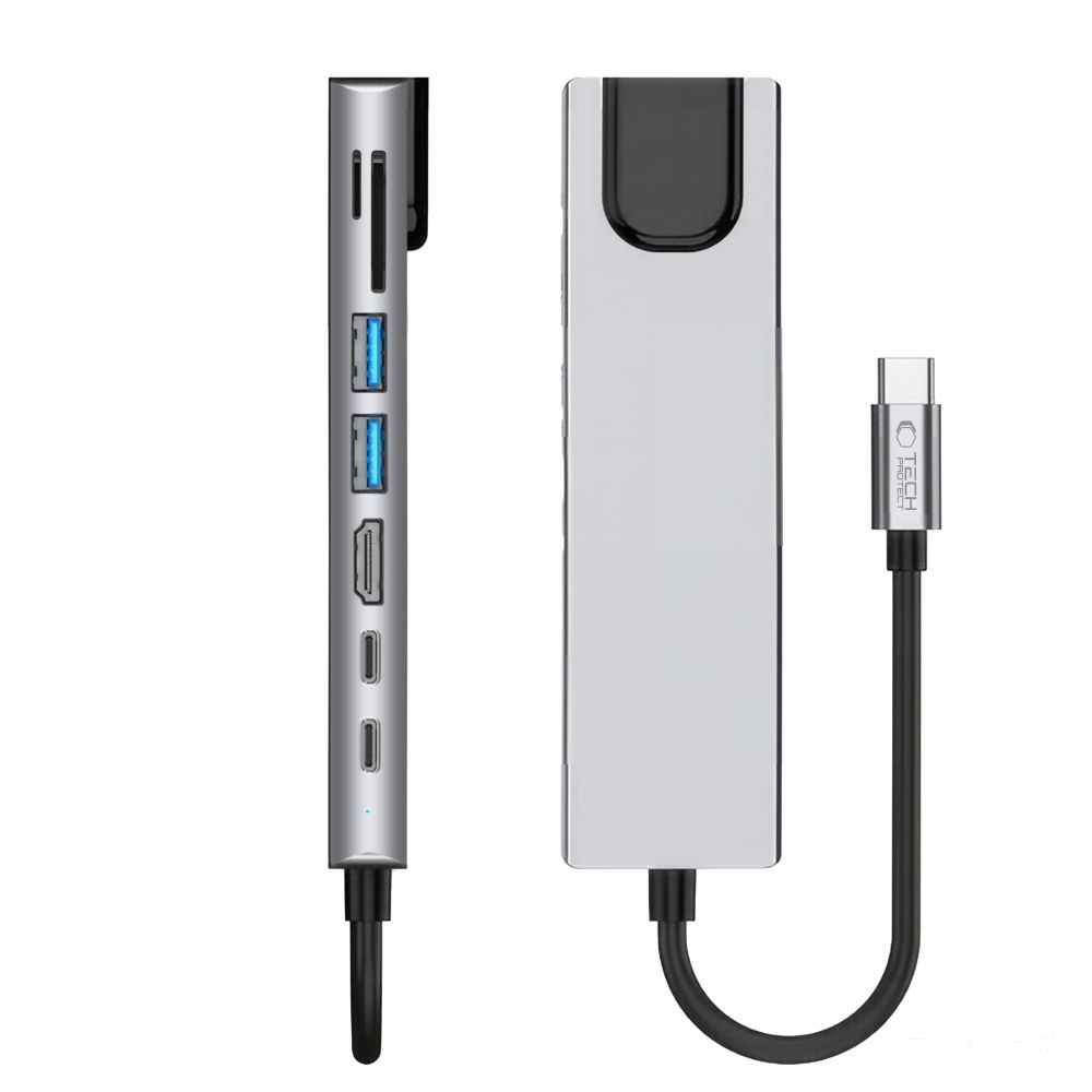 Hub USB-C Tech-Protect HB09, 2 x USB-A 3.0 - 2 x USB-C - 1 x HDMI - 1 x RJ45 - 1 x SD - 1 x microSD, Gris