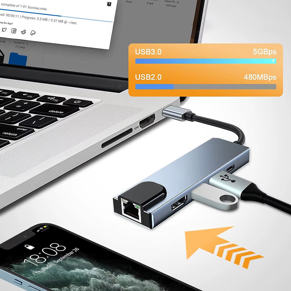 Hub USB-C Techsuit H1 NetBridge, 5in1, Grigio