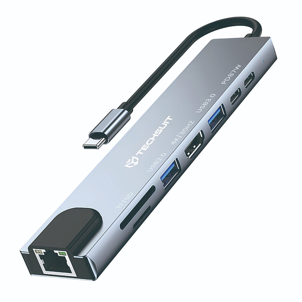 Hub USB-C Techsuit H2 NetBridge, 8in1, Grigio
