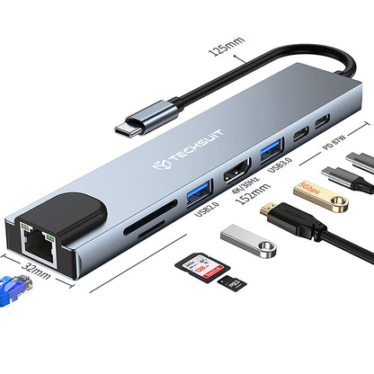 Hub USB-C Techsuit H2 NetBridge, 8in1, Grigio