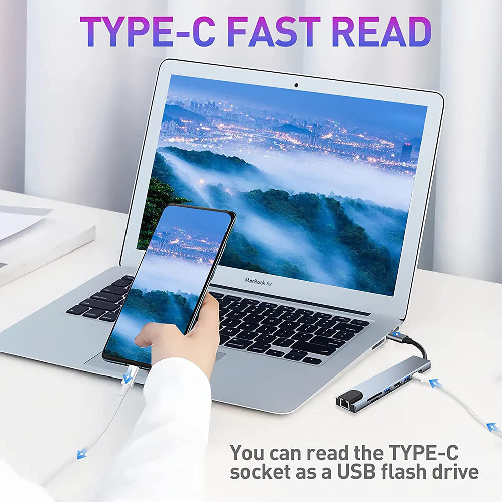 Hub USB-C Techsuit H2 NetBridge, 8in1, Grigio