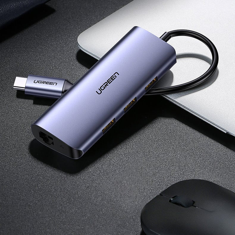 Hub USB-C UGREEN CM252, 3 x USB-A 3.0 - 1 x USB-C - RJ45, Grigio