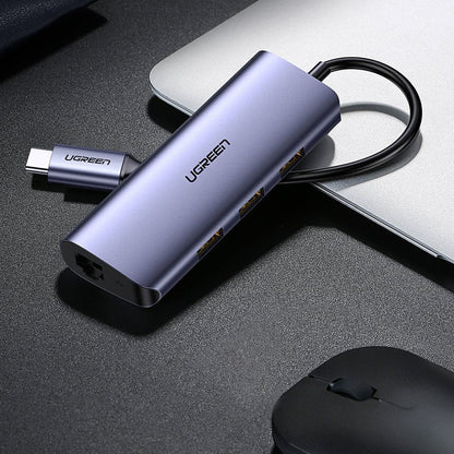 Hub USB-C UGREEN CM252, 3 x USB-A 3.0 - 1 x USB-C - RJ45, Grigio
