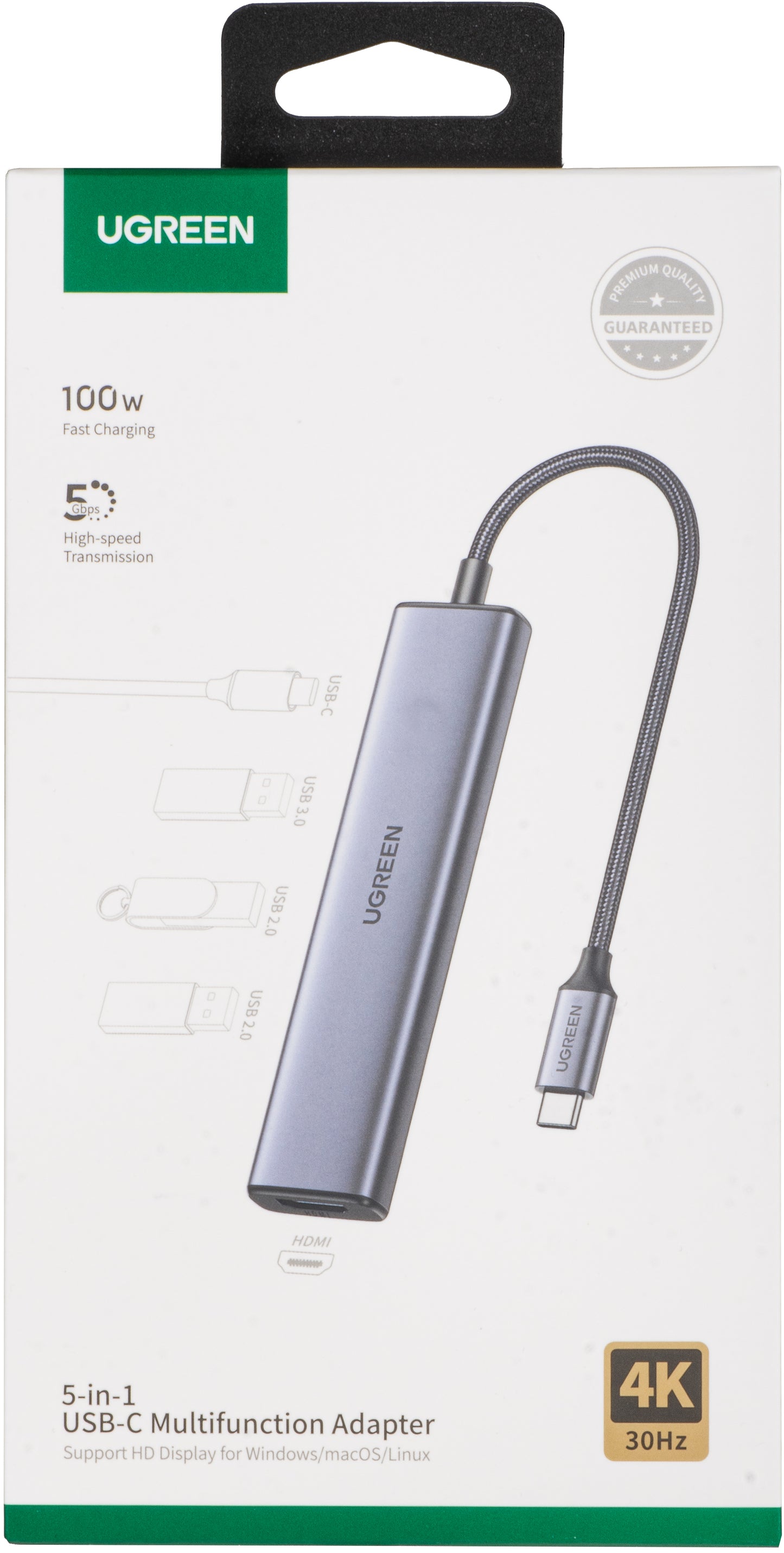 Hub USB-C UGREEN CM478, 1 x USB-A 3.0 - 2 x USB-A - 1 x USB-C - 1 x HDMI, Gris
