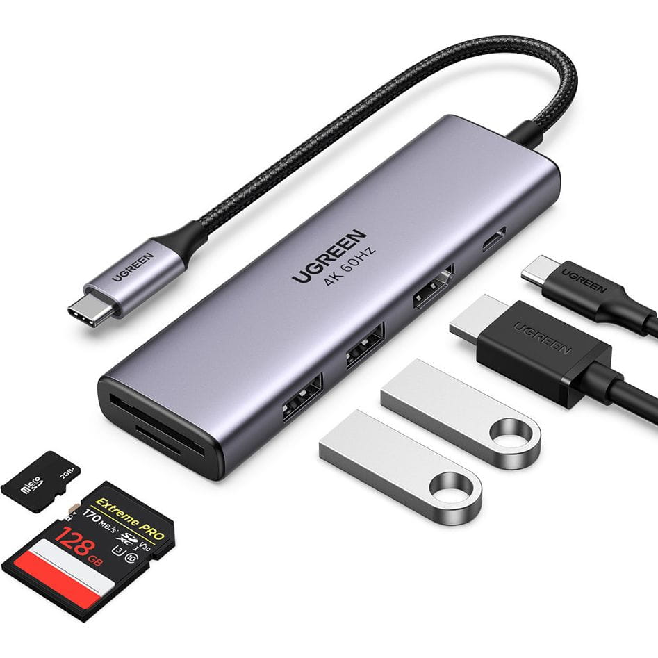 Hub USB-C UGREEN CM511 (60384), 2 x USB-A 3.0 - 1 x USB-C - 1 x HDMI - 1 x SD - 1 x microSD, Grigio