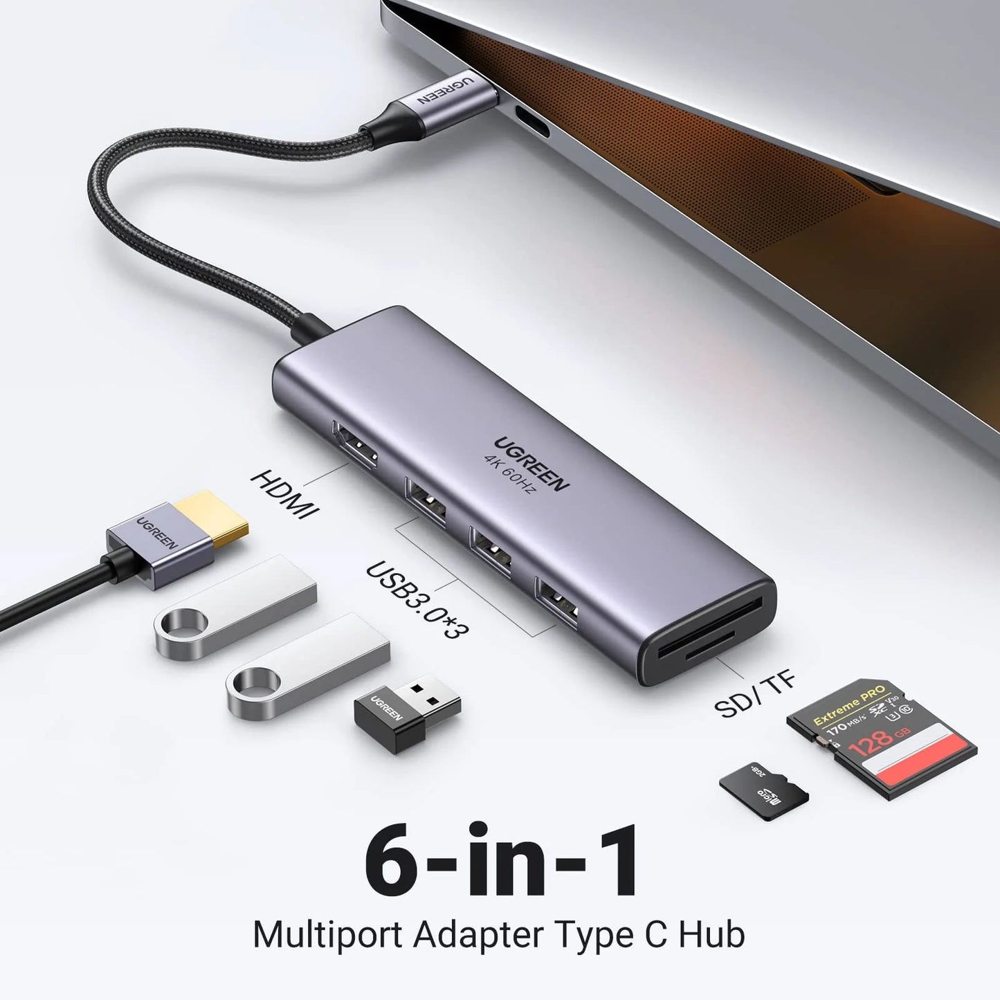 Hub USB-C UGREEN CM511 (60383), 3 x USB-A 3.2 - 1 x HDMI - 1 x SD - 1 x microSD, Grigio