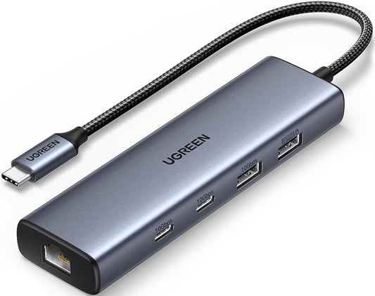 Hub USB-C UGREEN CM512, 1 x USB-A 3.2 - 1 x USB-A - 3 x USB-C - 1 x RJ45, Grigio
