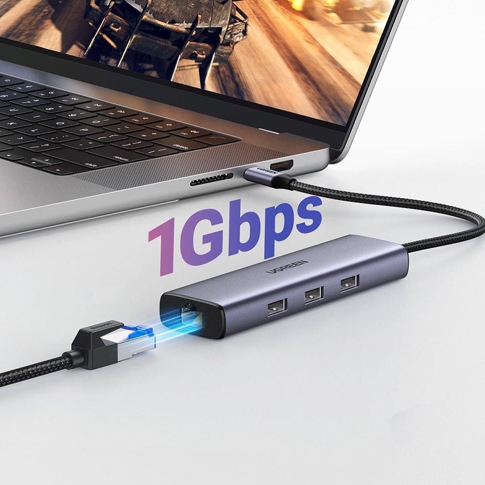 Hub USB-C UGREEN CM512 (15598), 3 x USB-A 3.0 - 1 x USB-C - 1 x HDMI - 1 x RJ45, Grigio