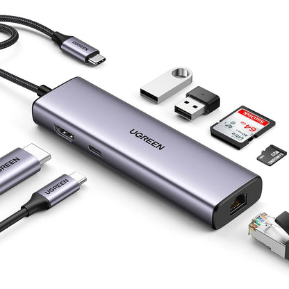 Hub USB-C UGREEN CM512, 2 x USB-A 3.0 - 1 x USB-C - 1 x HDMI - 1 x SD - 1 x microSD - RJ45, Grigio