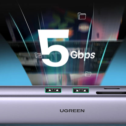 Hub USB-C UGREEN CM512, 2 x USB-A 3.0 - 1 x USB-C - 1 x HDMI - 1 x SD - 1 x microSD - RJ45, Grigio