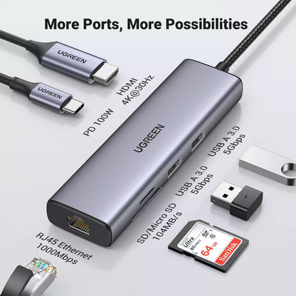Hub USB-C UGREEN CM512, 2 x USB-A 3.0 - 1 x USB-C - 1 x HDMI - 1 x SD - 1 x microSD - RJ45, Grigio
