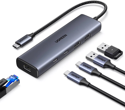 Hub USB-C UGREEN CM512, 1 x USB-A 3.2 - 1 x USB-A - 3 x USB-C - 1 x RJ45, Grigio