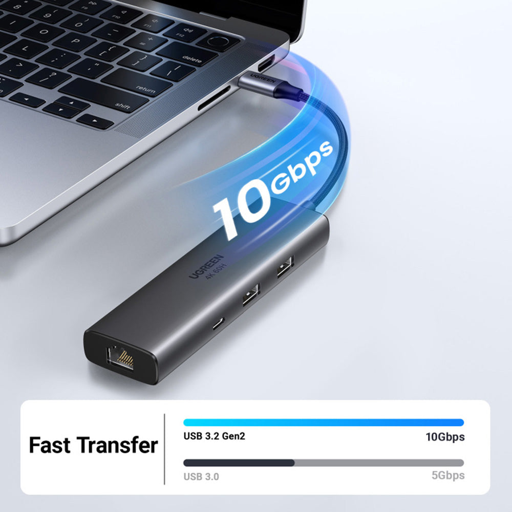 Hub USB-C UGREEN CM512 (45000), 2 x USB-A 3.2 - 2 x USB-C - 1 X HDMI - 1 x RJ45, Gris
