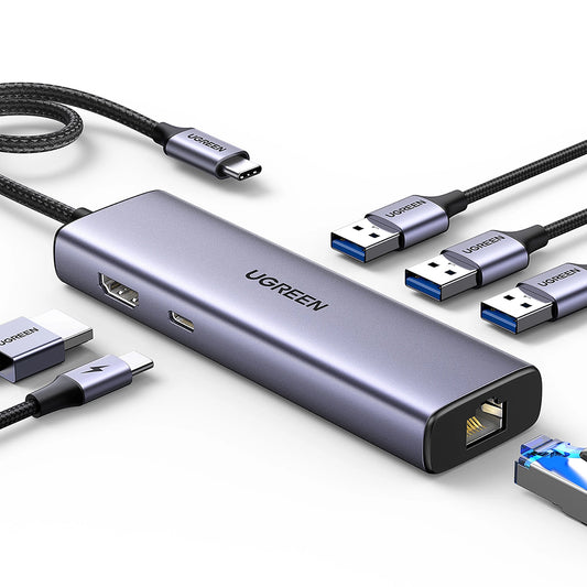 Hub USB-C UGREEN CM512 (15598), 3 x USB-A 3.0 - 1 x USB-C - 1 x HDMI - 1 x RJ45, Grigio