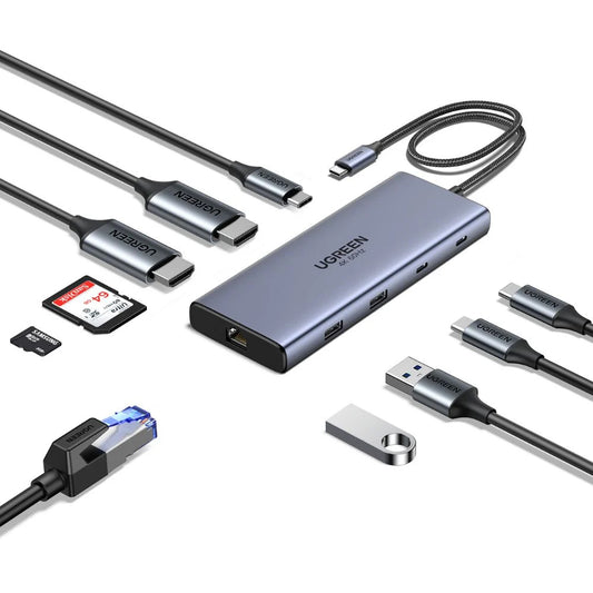 Hub USB-C UGREEN CM639 (45380), 2 x USB-A 3.2 - 3 x USB-C - 2 x HDMI - 1 x RJ45 - 1 x SD - 1 x microSD, Grigio