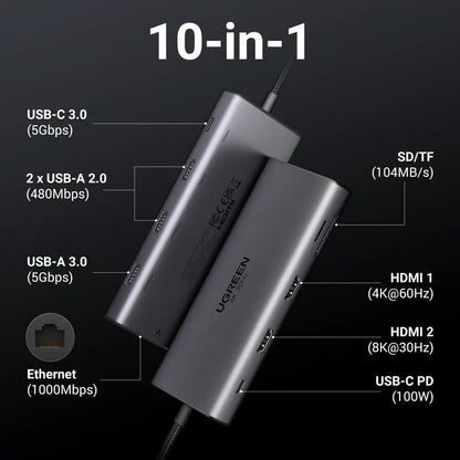 Hub USB-C UGREEN Revodok Pro 210 CM639, 1 x USB-A 3.0 - 2 x USB-A - 2 x USB-C - 2 x HDMI - 1 x RJ45 - 1 x SD - 1 x microSD, Gris