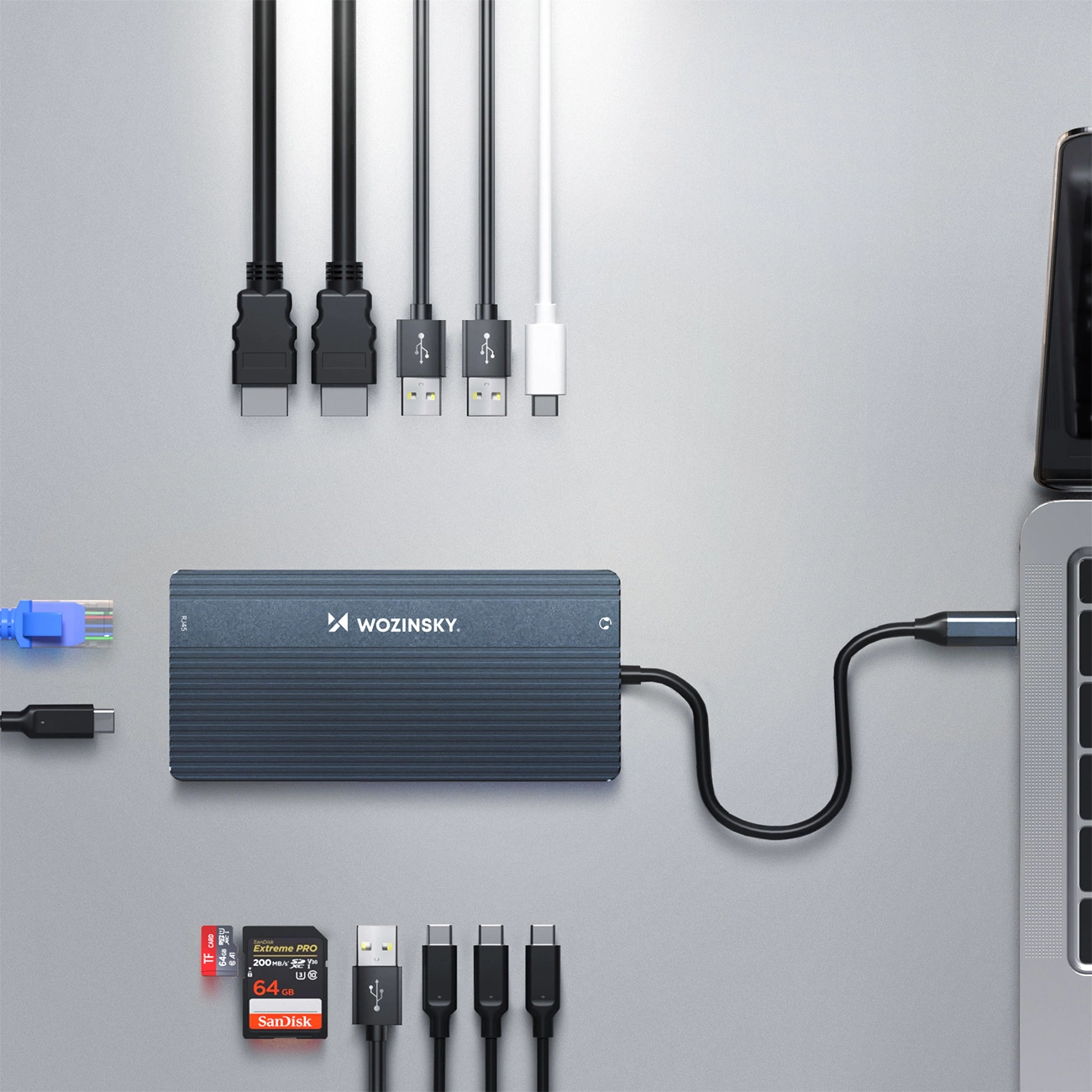 Hub USB-C WZK WDS03Y5S, 1 x USB-A 3.1 - 2 x USB-A - 5 x USB-C - 2 x HDMI - 1 x Jack 3.5mm - 1 x RJ45 - 1 x SD - 1 x microSD, Gris