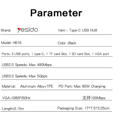 Hub USB-C Yesido HB16, 7in1, Grigio