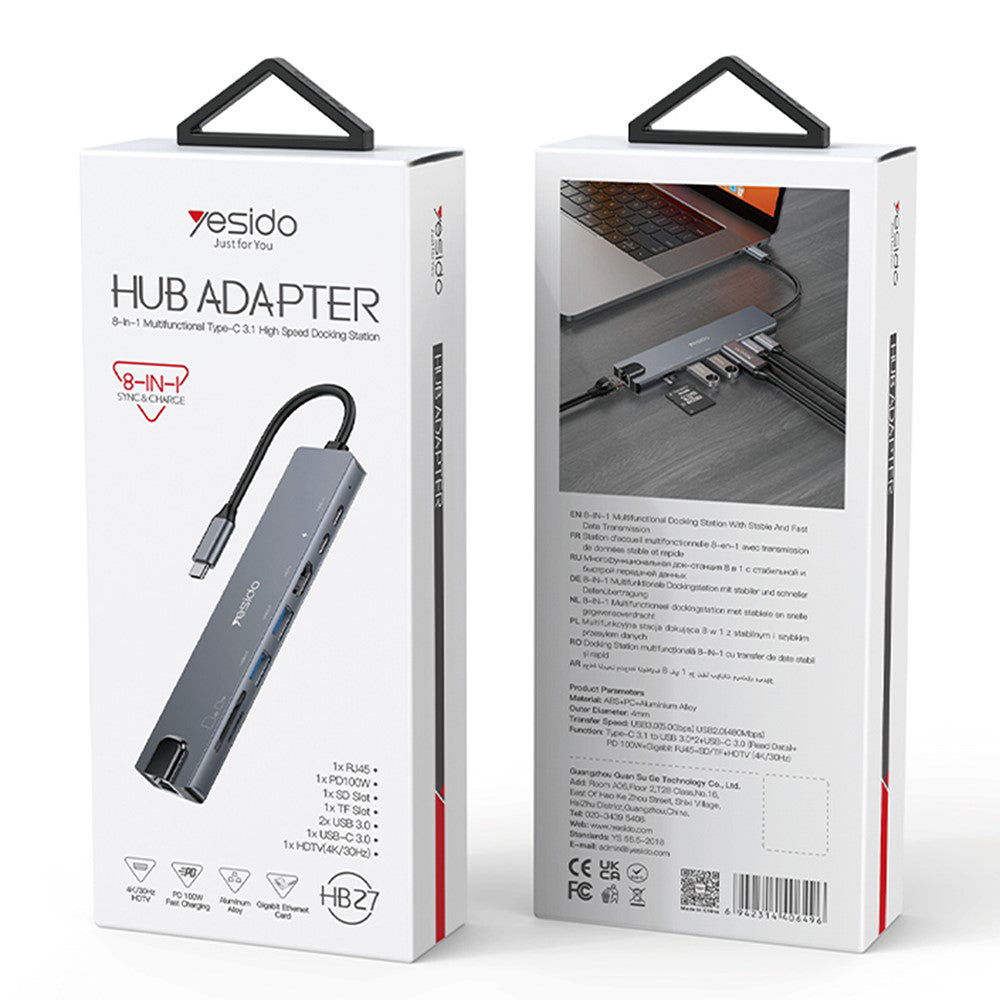 Hub USB-C Yesido HB27, 8in1, Grigio