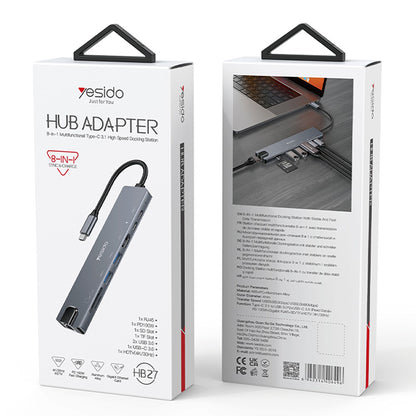 Hub USB-C Yesido HB27, 8in1, Grigio