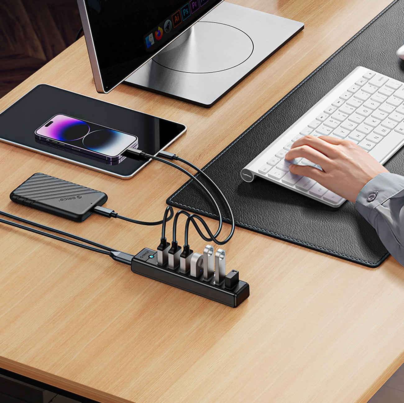 USB-Hub Orico PW7U-U3, 7 x USB-A 3.0 - 1 x USB-C, Schwarz