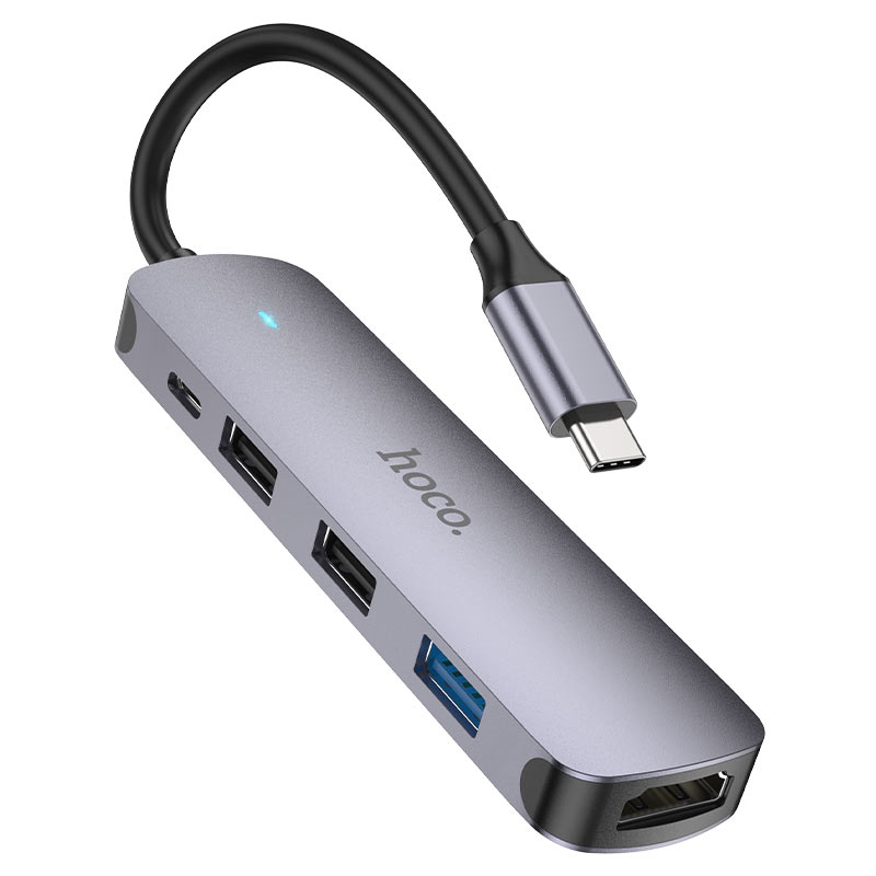 Hub USB-C HOCO HB27, USB-A 3.0 - 2 x USB-A - USB-C - HDMI, Gris