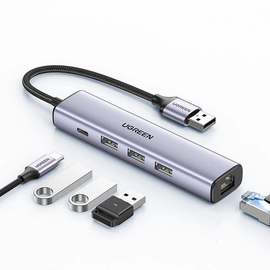 Hub USB UGREEN CM475, 3 x USB-A 3.0 - 1 x USB-C - 1 x RJ45, Grigio