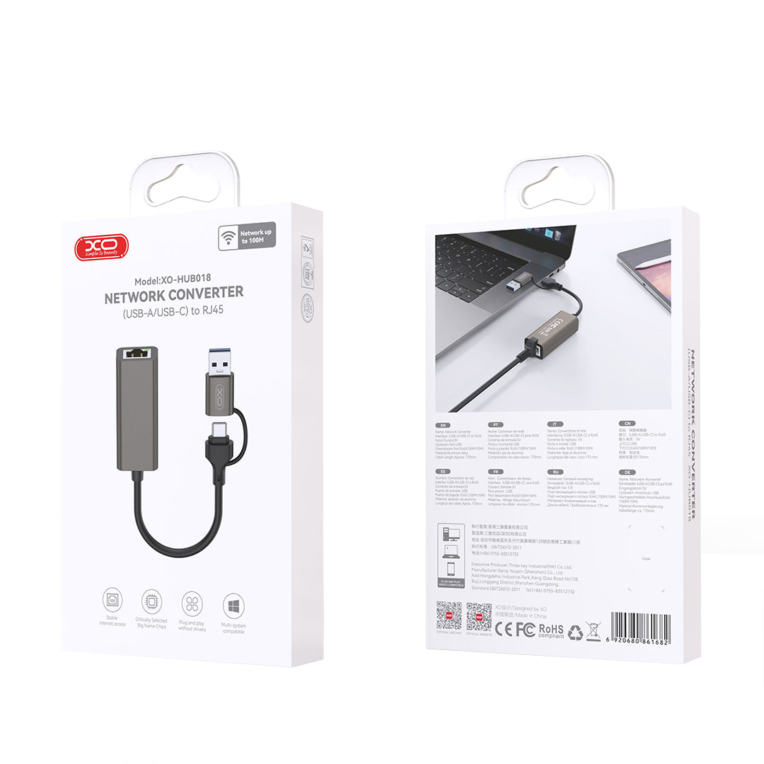Scheda di rete XO Design HUB018, RJ45, USB-C / USB, Grigio