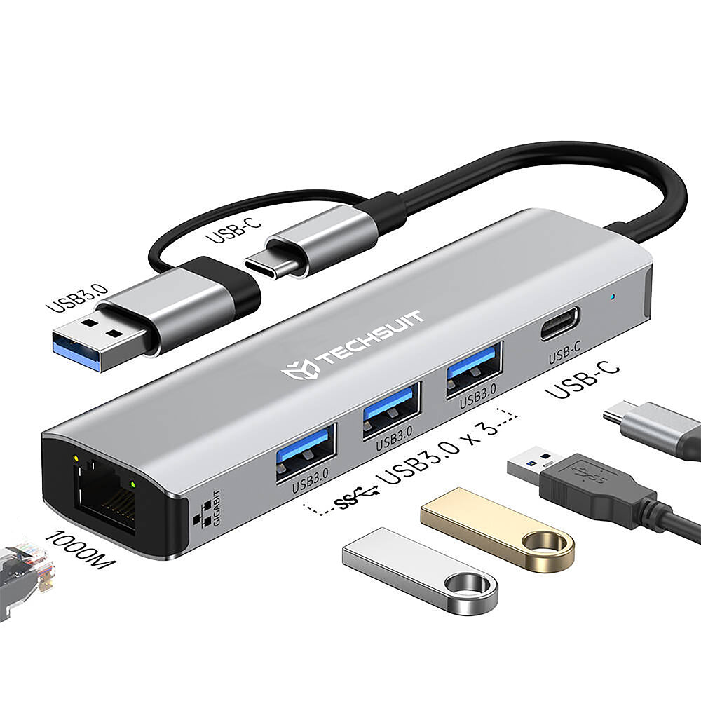 Hub USB / USB-C Techsuit H3 BoostNetLink, 5en1, Gris