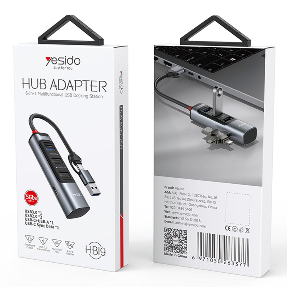 Hub USB / USB-C Yesido HB19, 4en1, Gris