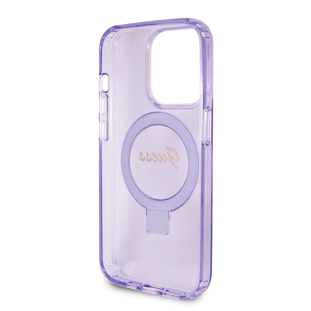Custodia MagSafe per Apple iPhone 15 Pro Max, Guess, IML Ring Stand Glitter, Viola GUHMP15XHRSGSU