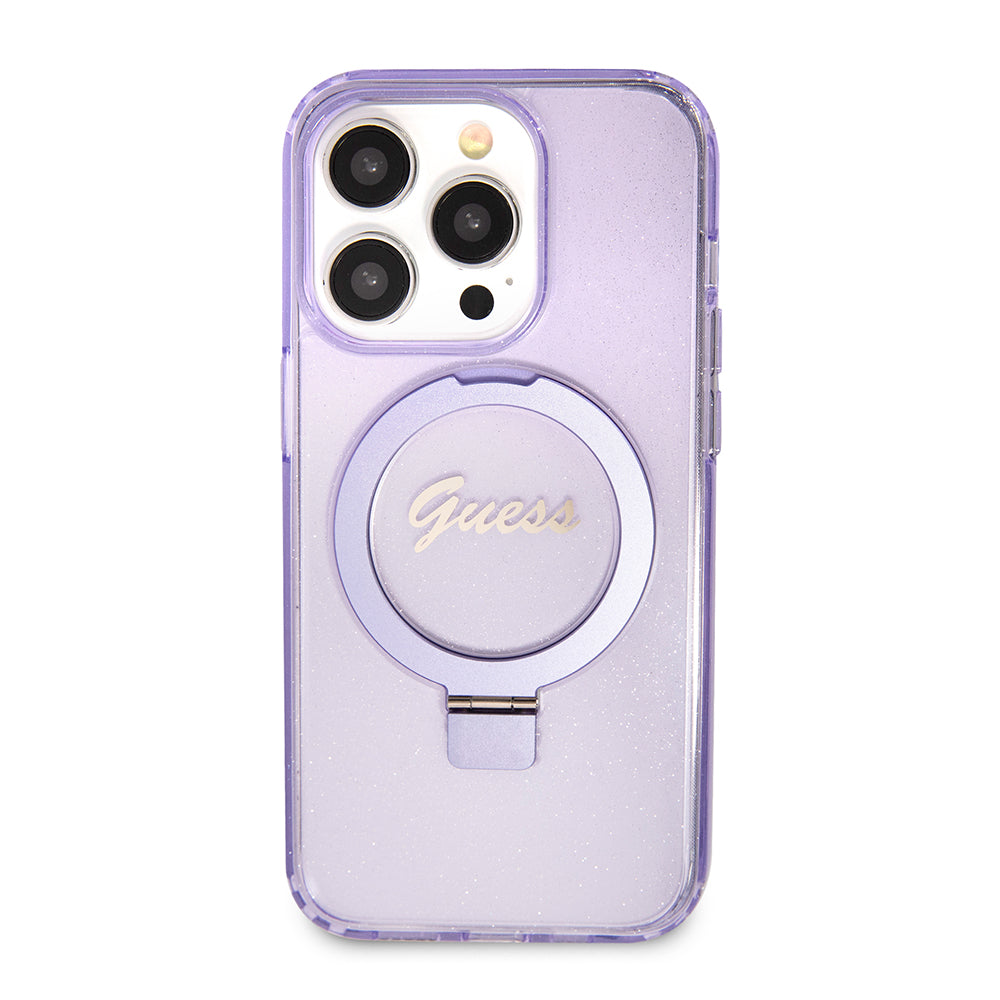 Custodia MagSafe per Apple iPhone 15 Pro Max, Guess, IML Ring Stand Glitter, Viola GUHMP15XHRSGSU
