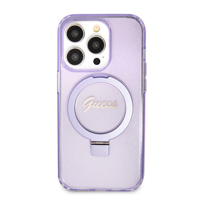 Custodia MagSafe per Apple iPhone 15 Pro Max, Guess, IML Ring Stand Glitter, Viola GUHMP15XHRSGSU