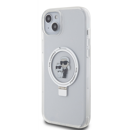 Coque MagSafe pour Apple iPhone 15 Plus, Karl Lagerfeld, Ringstand Karl and Choupette, Blanche, Reconditionnée