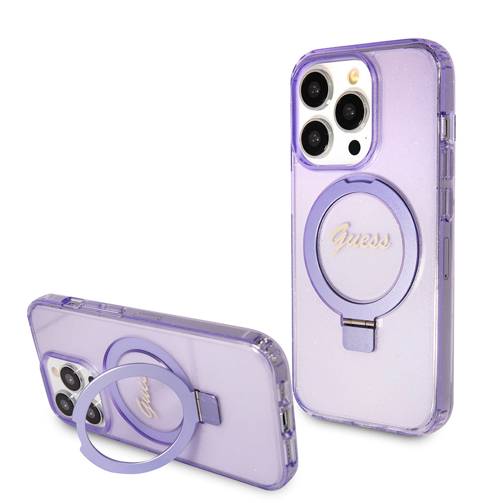 Custodia MagSafe per Apple iPhone 15 Pro Max, Guess, IML Ring Stand Glitter, Viola GUHMP15XHRSGSU