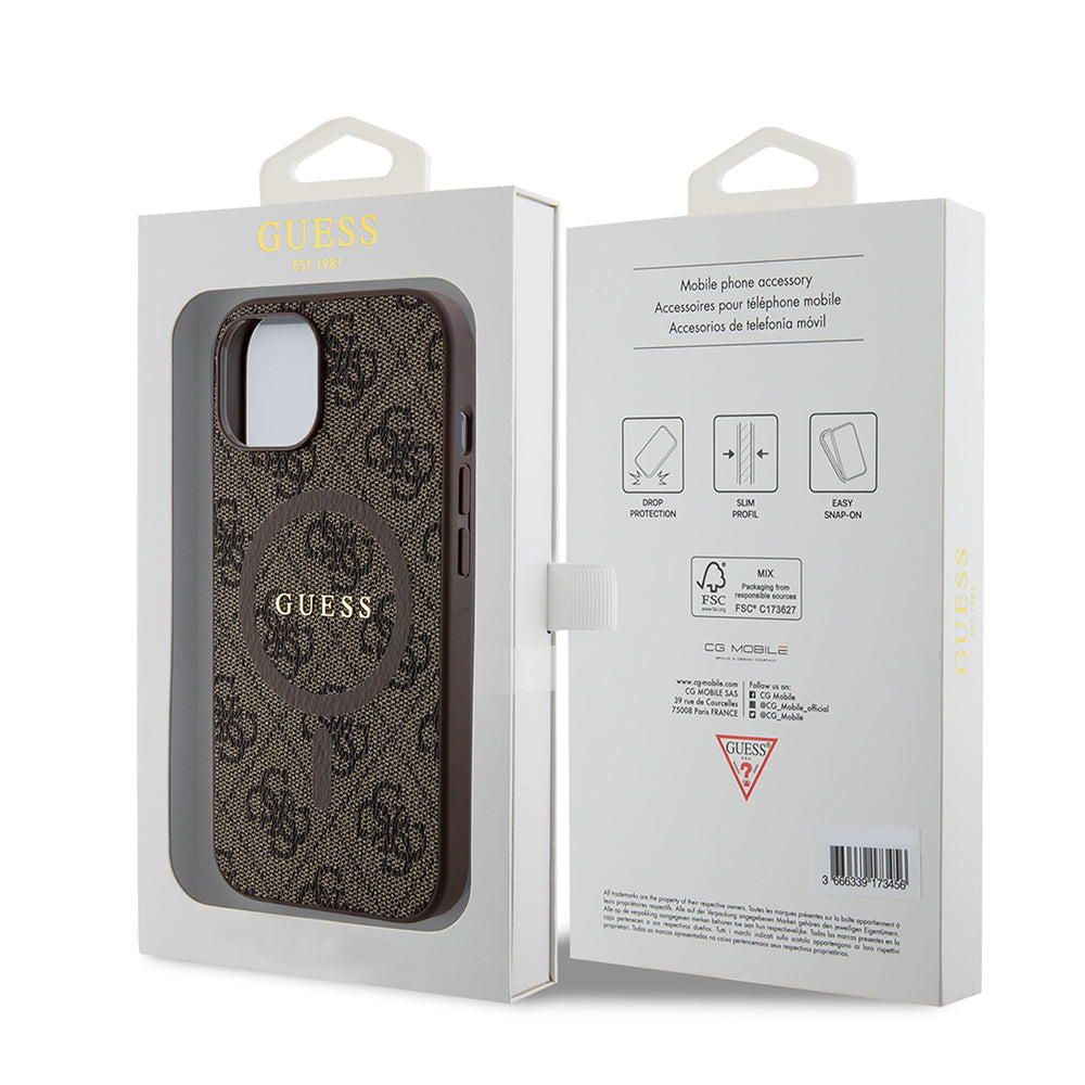 Custodia MagSafe per Apple iPhone 15, Guess, Collezione 4G, Marrone