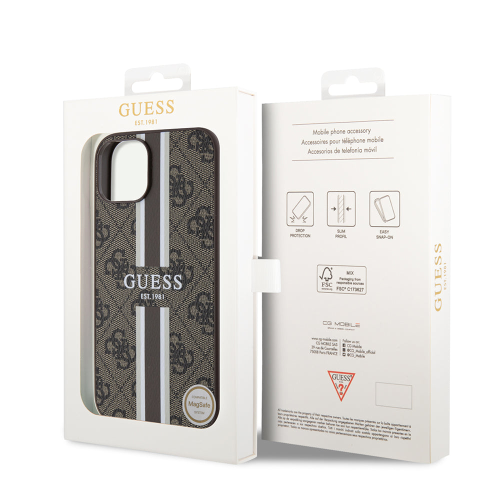 Custodia MagSafe per Apple iPhone 15, Guess, 4G Printed Stripes, Marrone