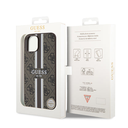 Custodia MagSafe per Apple iPhone 15, Guess, 4G Printed Stripes, Marrone