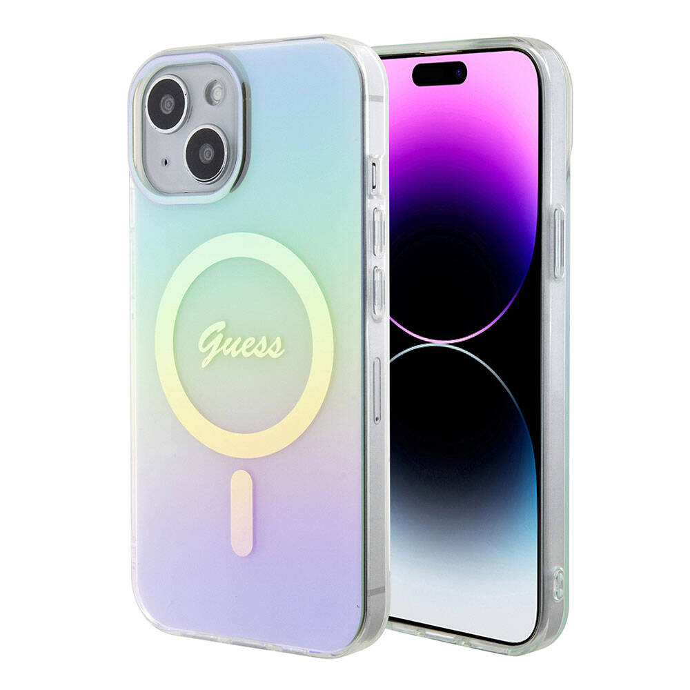 Coque MagSafe pour Apple iPhone 15, Guess, IML Iridescent, Turquoise