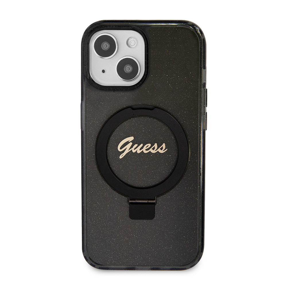 Coque MagSafe pour Apple iPhone 15, Guess, Ring Stand Script Glitter, Noire