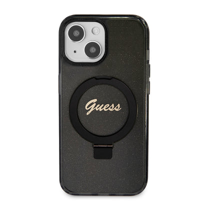 Coque MagSafe pour Apple iPhone 15, Guess, Ring Stand Script Glitter, Noire