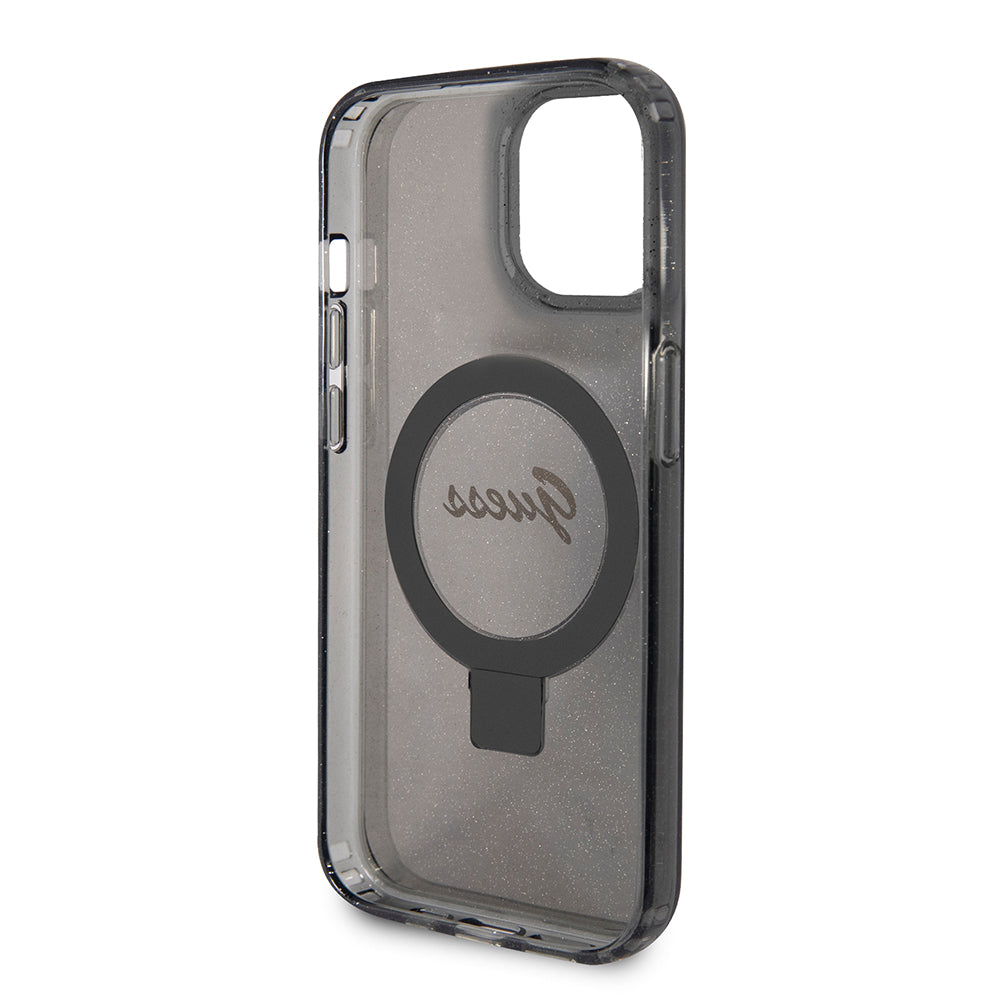 Coque MagSafe pour Apple iPhone 15, Guess, Ring Stand Script Glitter, Noire