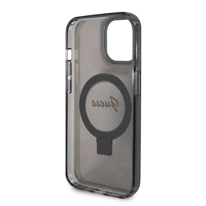 Coque MagSafe pour Apple iPhone 15, Guess, Ring Stand Script Glitter, Noire