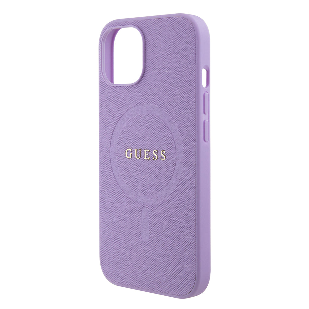 MagSafe Hülle für Apple iPhone 15, Guess, Saffiano, Lila