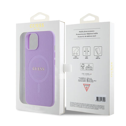 MagSafe Hülle für Apple iPhone 15, Guess, Saffiano, Lila