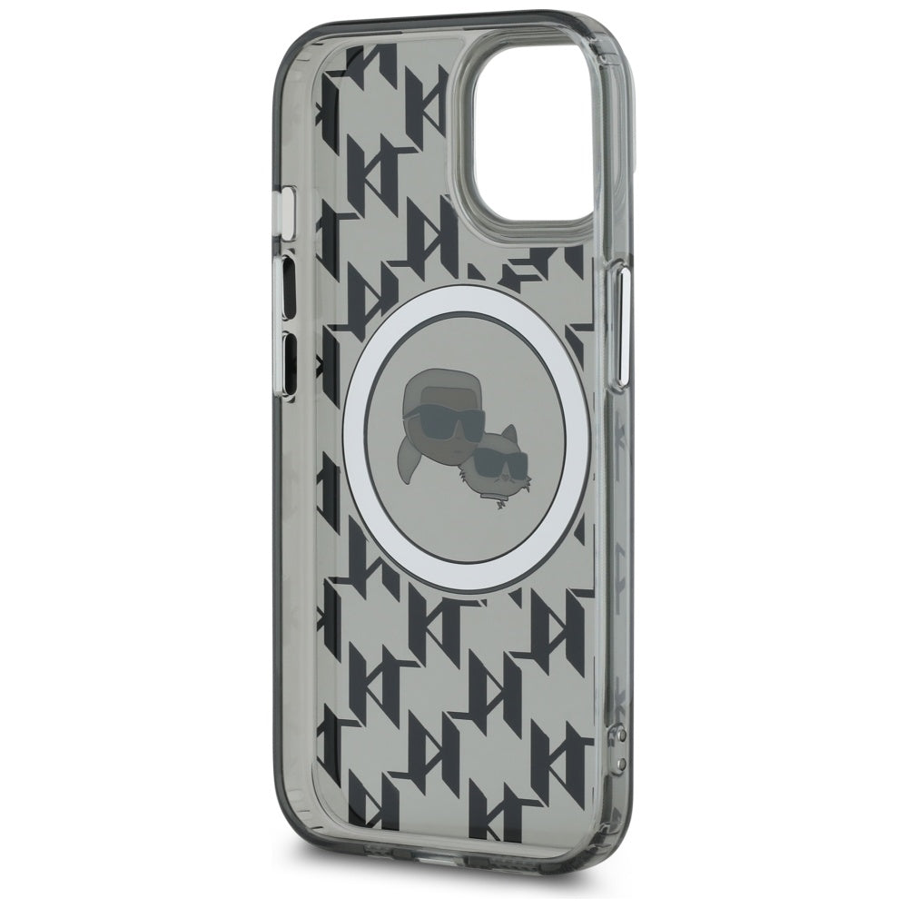 Custodia MagSafe per Apple iPhone 15, Karl Lagerfeld, IML Monogram Karl & Choupette's Heads, Nera
