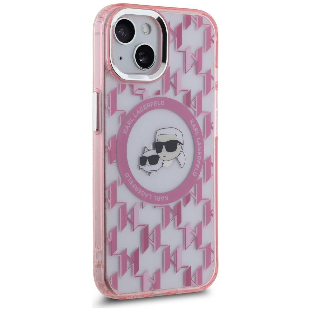 Custodia MagSafe per Apple iPhone 15, Karl Lagerfeld, IML Monogramma Karl & Choupette's Heads, Rosa